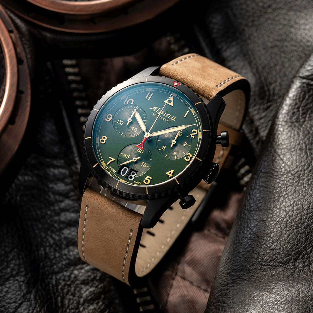 Alpina Startimer Pilot Uhr Leder Grünes Zifferblatt AL-372GR4FBS26 – Bild 3